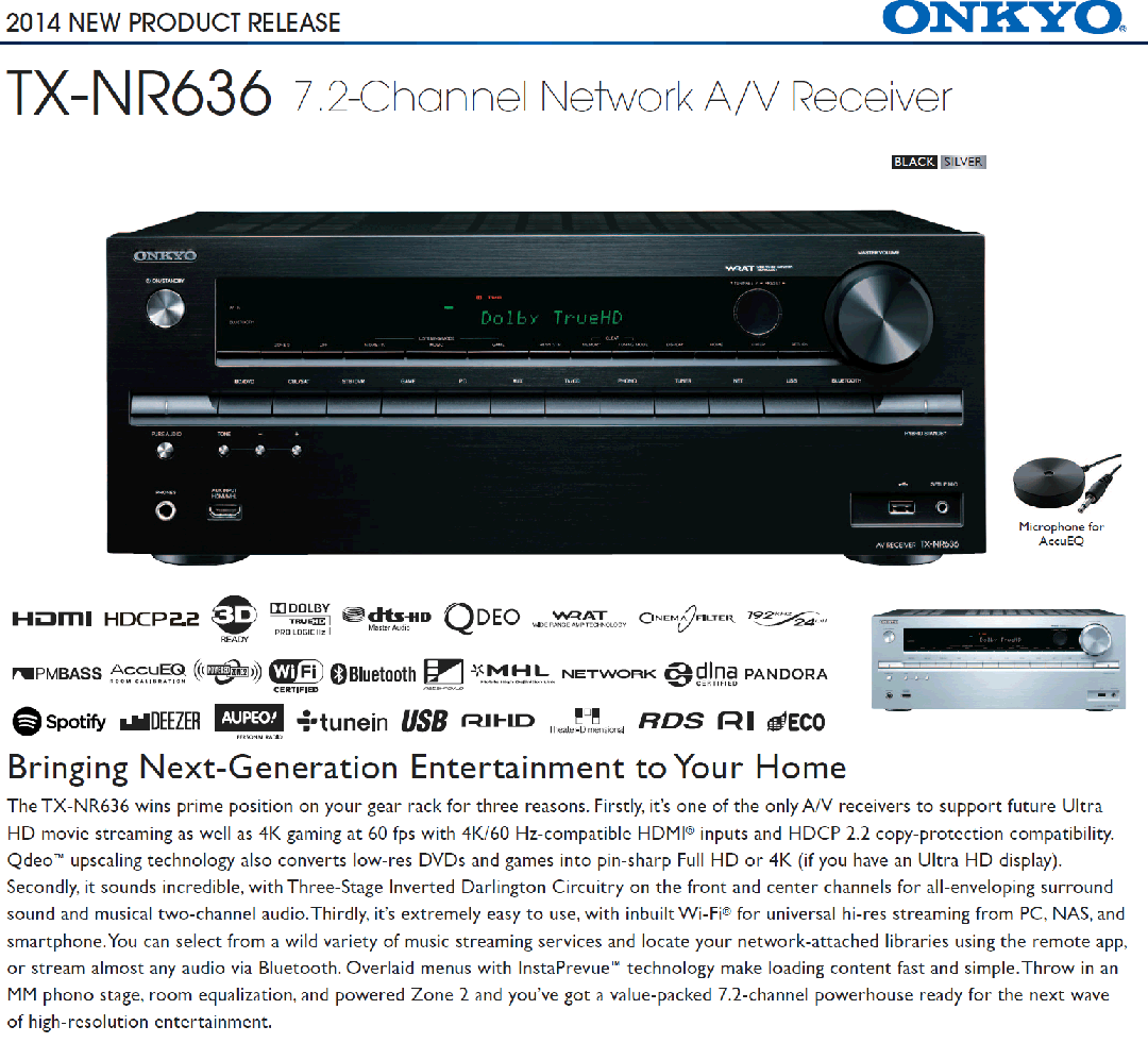 Namų kino stiprintuvas ONKYO TX-NR636 7.2 resyveris 7x175W Dolby