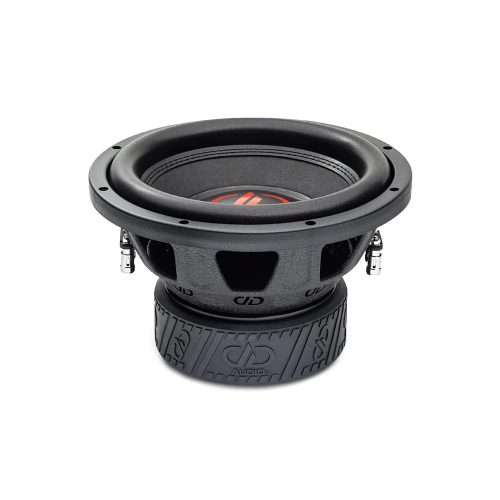DD Audio 310e-D2, 250 mm žemų dažnių garsiakalbis, šoninis vaizdas, sustiprinta EROM membranos pakaba, plieninis korpusas ir magnetinė sistema su DD Audio logotipu.