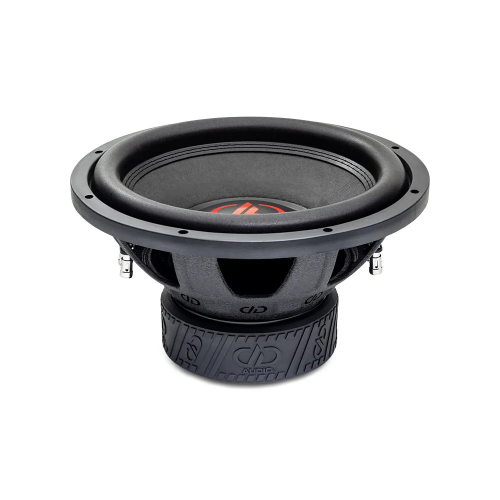 DD Audio 312e-D2, 300 mm automobilinis žemų dažnių garsiakalbis, priekinis ir šoninis vaizdas su juoda membrana, sustiprinta pakaba ir plieniniu korpusu.