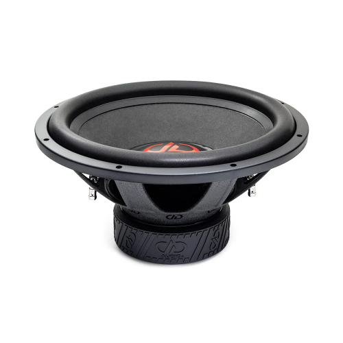 DD Audio 515e-D2, 380 mm automobilinis žemų dažnių garsiakalbis, priekinis ir šoninis vaizdas su juoda membrana, sustiprinta EROM pakaba ir masyvia magnetine sistema.