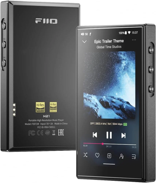 FiiO M21 juodas Hi-Res muzikos grotuvas – vaizdas iš priekio ir galo