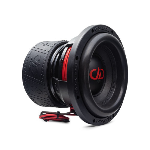 DD Audio 710g-D4 10 colių žemųjų dažnių garsiakalbis su juoda membrana, raudonu DD logotipu ir trijų magnetų sistema, vaizdas iš priekio ir šono.