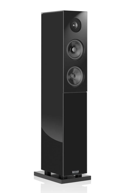 Audio Physic Classic 15 grindinė garso kolonėlė, juodos blizgios apdailos, vaizdas iš priekio ir šono.