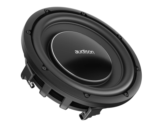 Audison AV 10 D2 II 250 mm žemųjų dažnių garsiakalbis su juoda polipropileno membrana, vaizdas iš priekio ir šono.