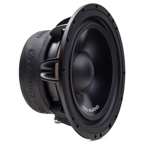 DD Audio AW6.5a, 165 mm vidutinių ir žemų dažnių automobilinis garsiakalbis, priekinis ir šoninis vaizdas su aliuminio kūgiu ir juodu korpusu.