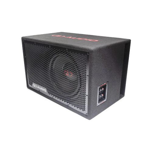 DD Audio LE-212.1a, automobilinė žemų dažnių garso kolonėlė su 300 mm garsiakalbiu, 350 W RMS / 1100 W MAX, 1 Ω, šoninis vaizdas su metalinėmis grotelėmis ir jungtimis.