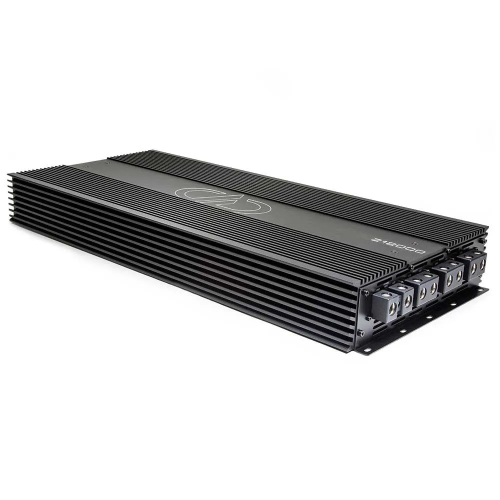DD Audio Z12000, 1 kanalo automobilinis stiprintuvas, 12 000 W RMS, juodas aliuminio korpusas su aušinimo briaunomis, vaizdas kampu.