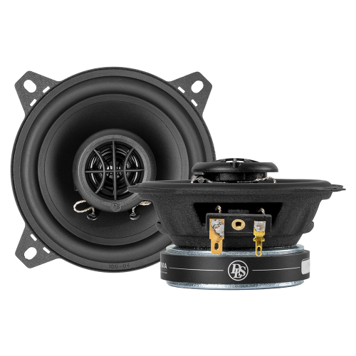 DLS Performance Advantage PA4, du juodi 100 mm koaksialiniai automobiliniai garsiakalbiai, priekinis ir šoninis vaizdai.
