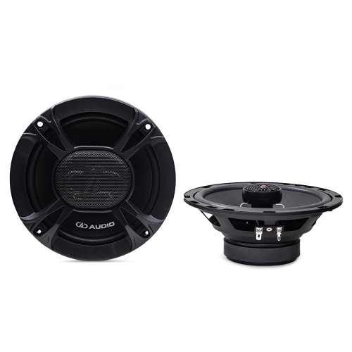 DD Audio E-X6.5b, 165 mm koaksialinių automobilinių garsiakalbių pora, priekinis vaizdas su apsauginėmis grotelėmis ir šoninis vaizdas, 75 W RMS, 125 W MAX, 4 Ω.