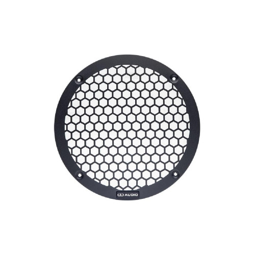 DD Audio GRMM08, 200 mm (8″) metalinės apsauginės garsiakalbio grotelės, juodas šešiakampis tinklelis su DD Audio logotipu, vaizdas iš priekio.