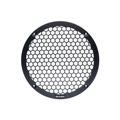 DD Audio GRMM10, 250 mm (10″) metalinės apsauginės garsiakalbio grotelės, juodas šešiakampis tinklelis su DD Audio logotipu, vaizdas iš priekio.