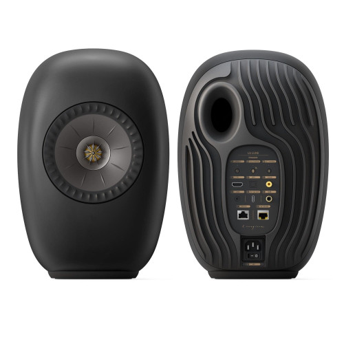 KEF LS LUXE belaidės Hi-Fi lentyninės garso kolonėlės, Eclipse Black – vaizdas iš priekio ir galo