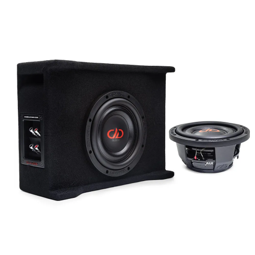 DD Audio LE-DF-SL608, automobilinė žemų dažnių kolonėlė su 300 W RMS garsiakalbiu, į apačią nukreipta konstrukcija ir 2×2 Ω jungtimis.