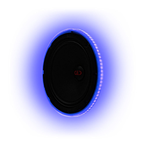 DD Audio LED RGB Ring 8″ apšvietimo žiedas ant automobilinio garsiakalbio, mėlynai violetinio apšvietimo efektas, vaizdas iš šono.