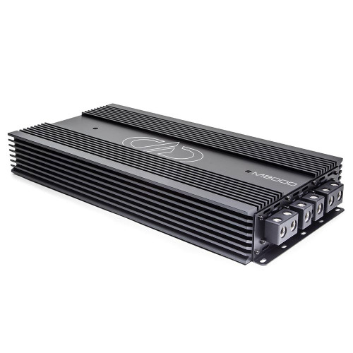 DD Audio M8000, 1 kanalo automobilinis garso stiprintuvas, 8000 W RMS / 10 500 W dinaminė galia, 1 Ω, D klasė, juodos spalvos aliuminio korpusas.