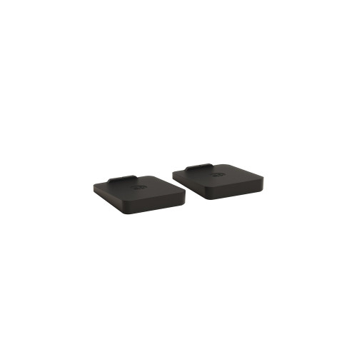 Monitor Audio Radius Desk Pad 4G, juodi staliniai garso kolonėlių stovai, 2 vnt. (pora), baltame fone.
