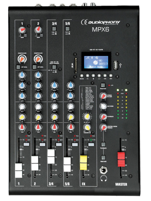 Audiophony MPX6 MIKŠERINIS PULTAS SU KOMPRESORIUMI, EFEKTAIS IR USB/SD/BT GROTUVU | Nemokamas Pristatymas