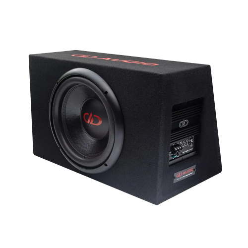 DD Audio PLE-112.1, aktyvi 300 mm žemų dažnių garso kolonėlė su integruotu 400 W RMS stiprintuvu, vaizdas iš priekio ir šono.