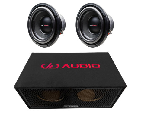 DD Audio PSW BASSKIT, dviejų REDLINE PSW 12 colių žemų dažnių garsiakalbių ir juodos DD Audio dėžės komplektas.