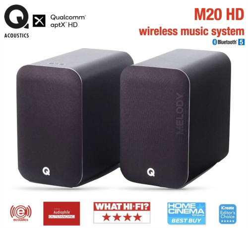 Q Acoustics M20 HD, belaidės aktyvios garso kolonėlės galia: 2 x 65W, dažnių juosta: 55Hz - 22kHz, Bluetooth® 5.0 (su aptX™, aptX™ HD, aptX™ Low Latency, SBC ir AAC palaikymas) | Nemokamas Pristatymas