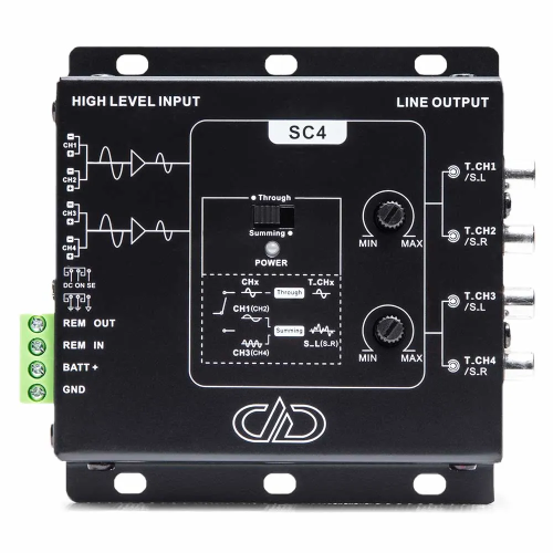DD Audio SC4a, 4 kanalų Hi-Low signalo keitiklis, viršutinis valdymo skydelis su signalų sumavimo funkcija, kanalų lygio reguliatoriais ir jungčių schema.