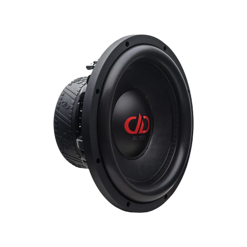 DD Audio SL712-D2, 300 mm žemų dažnių automobilinis garsiakalbis, 1000 W RMS, priekinis ir šoninis vaizdas su juoda membrana ir raudonu DD Audio logotipu.