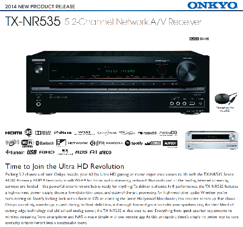 Namų kino stiprintuvas ONKYO TX-NR535 5.2 resyveris  5x115W Ultra HD USB  tinklo grotuvas interneto radijas integruotas Wi-Fi ir Bluetooth®