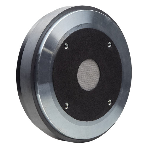 DD Audio VO-CT75, kompresinis aukštų dažnių garsiakalbis, 100 W RMS / 400 W MAX, 8 Ω, priekinis ir šoninis vaizdas su metaliniu tvirtinimo žiedu.