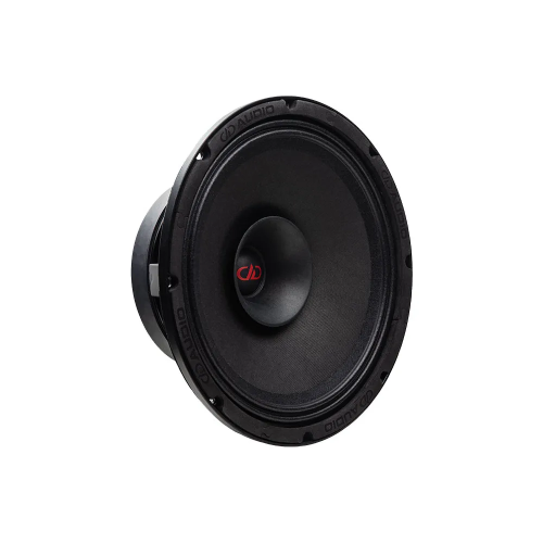 DD Audio VO-FR510, 250 mm plačiajuostis vidutinių dažnių automobilinis garsiakalbis, priekinis ir šoninis vaizdas su dvigubo kūgio konstrukcija, juoda membrana ir raudonu DD Audio logotipu.