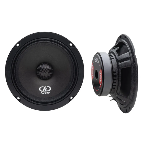 DD Audio VO-M106-S4, 165 mm vidutinių dažnių automobiliniai garsiakalbiai, 100 W RMS / 200 W MAX, 4 Ω, pora, vaizdas iš priekio ir galinės pusės.