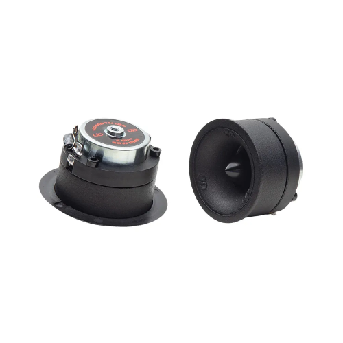 DD Audio VO-MBTN125, 50 W RMS aukštų dažnių garsiakalbiai, priekinės ir galinės konstrukcijos vaizdas, juodas korpusas ir metalinės jungtys.