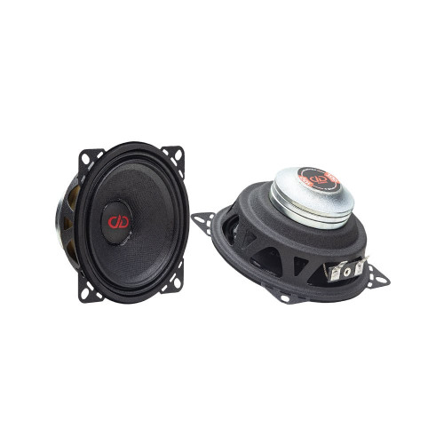 DD Audio VO-MN104-S4, vidutinių dažnių automobilinių garsiakalbių pora su juodomis membranomis ir neodimio magnetais, vaizdas iš priekio ir galo.
