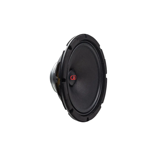 DD Audio VO-MN308-S4, 200 mm vidutinių dažnių automobilinis garsiakalbis, priekinis ir šoninis vaizdas su juoda ilgo pluošto popierine membrana, raudonu DD Audio logotipu ir kompaktiška neodimio magnetų sistema.