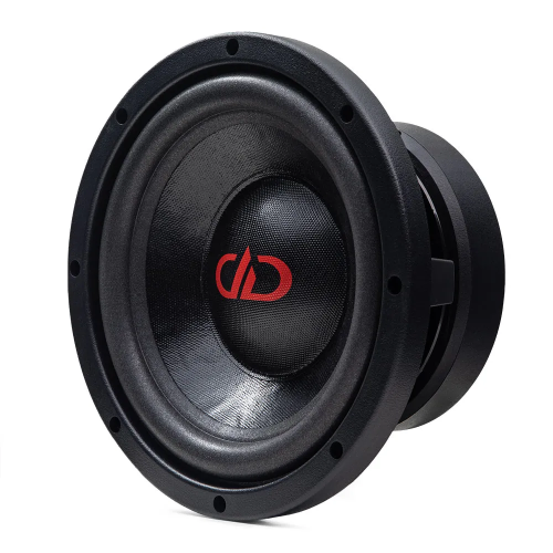 DD Audio VO-W508-S4, 200 mm automobilinis garsiakalbis, priekinis ir šoninis vaizdas su juoda membrana, plačia pakaba ir tvirtu korpusu.