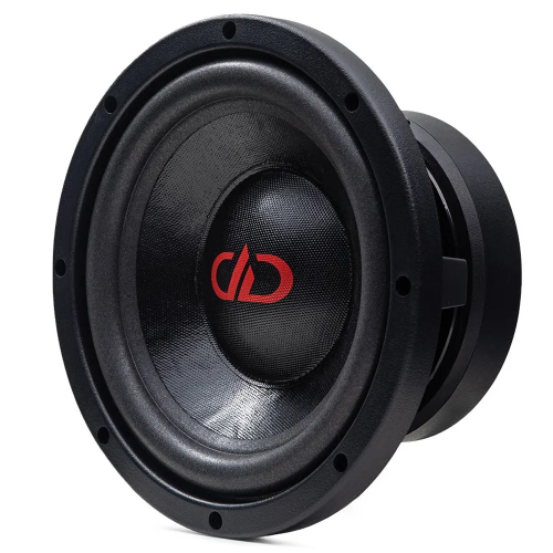 DD Audio VO-W510-S2, 10 colių Midbass garsiakalbis, priekinis ir šoninis vaizdas su juoda tekstūruota membrana, raudonu DD Audio logotipu ir tvirtu korpusu.