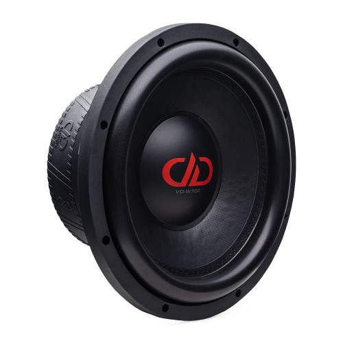 DD Audio VO-WN712-D2 12 colių žemųjų vidutinių dažnių garsiakalbis su juoda membrana ir raudonu DD logotipu, vaizdas iš priekio ir šono.