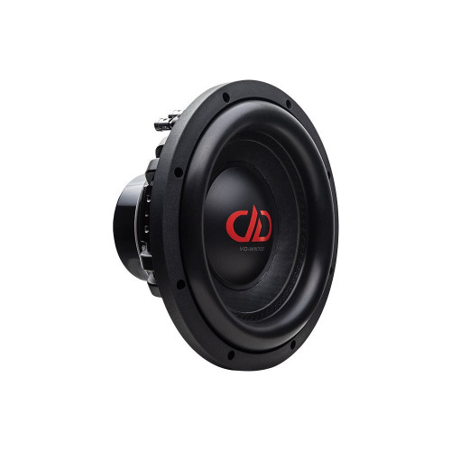 DD Audio VO-WN710-D2 250 mm žemųjų vidutinių dažnių garsiakalbis su juoda membrana ir raudonu DD logotipu, vaizdas iš priekio ir šono.