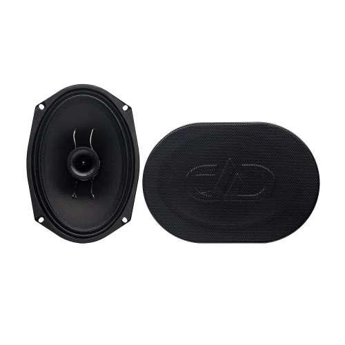 DD Audio VO-XN369-S4, 250 W RMS / 500 W MAX, 4 Ω koaksialinis automobilinis garsiakalbis su juodomis apsauginėmis grotelėmis.
