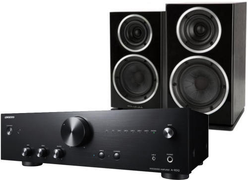 Stereo sistema Onkyo A-9010 inetgruotas stereo stiprintuvas, Wharfedale Diamond 225 lentyninės garso kolonėlės | Nemokamas pristatymas