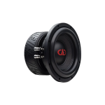 DD Audio 508e-D2, 8 colių žemų dažnių garsiakalbis, priekinis ir šoninis vaizdas su juoda membrana, raudonu DD Audio logotipu ir masyvia magnetine sistema.