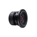 DD Audio 606d-D2, 165 mm žemų dažnių garsiakalbis, priekinis ir šoninis vaizdas su juoda membrana, plačia pakaba ir raudonu DD Audio logotipu.