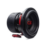 DD Audio 710g-D2 10 colių žemųjų dažnių garsiakalbis su juoda membrana, raudonu DD logotipu ir trijų magnetų sistema, vaizdas iš priekio ir šono.