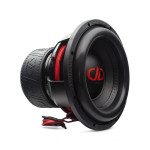 DD Audio 712g-D2 12 colių žemųjų dažnių garsiakalbis su juoda membrana, raudonu DD logotipu ir trijų magnetų sistema, vaizdas iš priekio ir šono.
