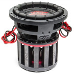 DD Audio mini Z D1, 8 colių automobilinis žemų dažnių garsiakalbis, galinis vaizdas kampu su masyvia magnetų sistema, Z serijos logotipu ir raudonais bei juodais laidais.