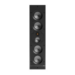 Monitor Audio W2L, juoda trijų juostų į sieną montuojama garso kolonėlė su keturiais 127 mm RST II žemųjų dažnių, 76 mm vidutinių dažnių ir 25 mm C-CAM aukštųjų dažnių garsiakalbiais, vaizdas iš priekio.