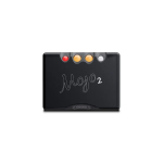 Chord Mojo 2 (2026), nešiojamas DAC keitiklis ir ausinių stiprintuvas su keturiais spalvotais valdymo mygtukais, vaizdas iš priekio.