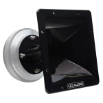 DD Audio VO-CT8x8 Horn, kvadratinis juodas garso sklaidytuvas, priekinis ir šoninis vaizdas su prijungtu VO-CT75 kompresiniu garsiakalbiu.