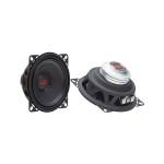 DD Audio VO-MN104-S4, vidutinių dažnių automobilinių garsiakalbių pora su juodomis membranomis ir neodimio magnetais, vaizdas iš priekio ir galo.