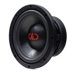 DD Audio VO-W508-S2, 200 mm vidutinių ir žemų dažnių automobilinis garsiakalbis su juoda membrana ir raudonu DD logotipu, vaizdas iš priekio ir šono.