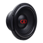 DD Audio VO-WN712-D2 12 colių žemųjų vidutinių dažnių garsiakalbis su juoda membrana ir raudonu DD logotipu, vaizdas iš priekio ir šono.